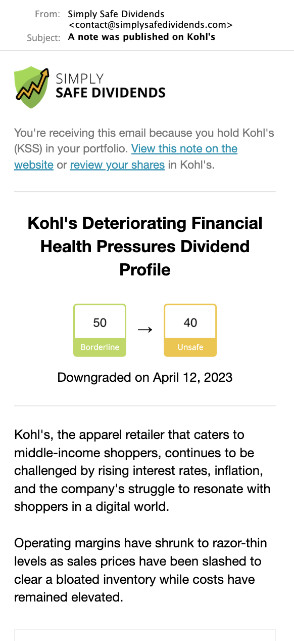 Email alert of Dividend Safey Score downgrade on mobile